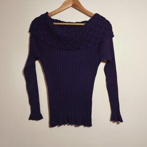 y2k United States Bubble Knit Ribbed Off Shoulder Sweater sz XL/L Purple